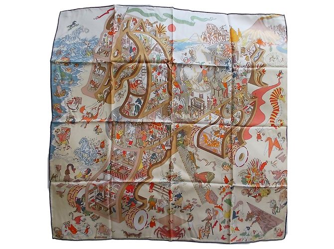 Pañuelo de seda Hermès 90cm Academia Hippica Multicolor Beige