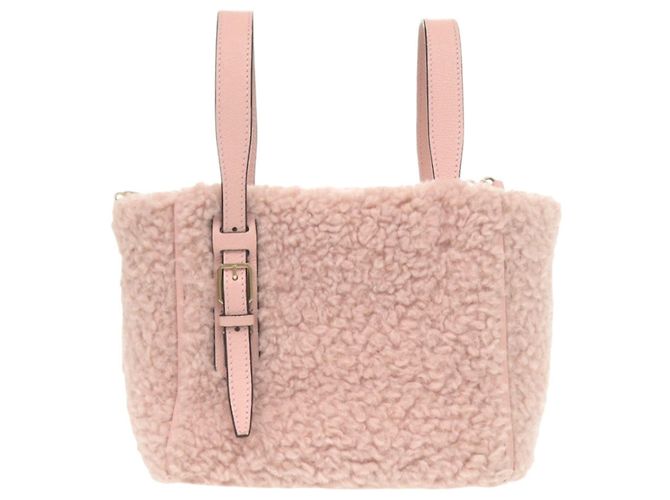 Bolsa Bucket Bag Micro Valextra em couro e lã shearling Rosa Bolsa de mão 2 vias