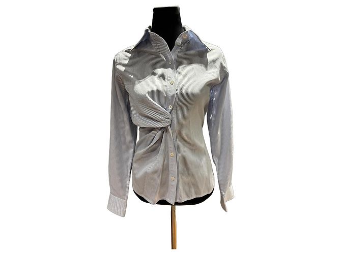Christian Dior gestreiftes Baumwollhemd mit Knotendetail Weiß Blau