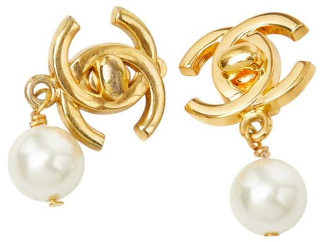 Chanel Coco Mark Turnlock Vintage Ohrringe Weiß Golden