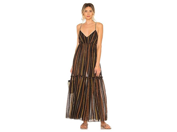 Zimmermann Vestido Maxi a Rayas Castaño Negro Dorado