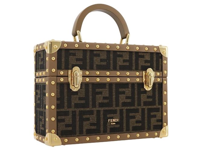 FENDI Zucca Canvas Vanity Trunk Handtasche aus Leder Schwarz Braun Auth 204326SAM