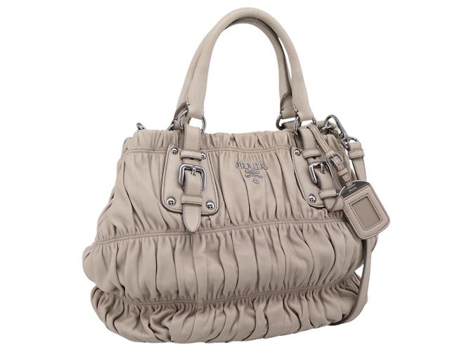 PRADA Gathered Handtasche Leder 2way Beige Silver Auth 201361V Silber