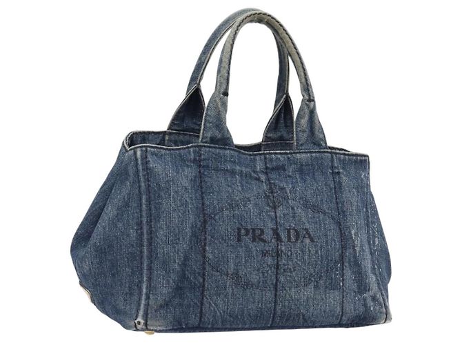 PRADA Canapa MM Handtasche Denim Blue Gold Auth 201344 Blau Golden