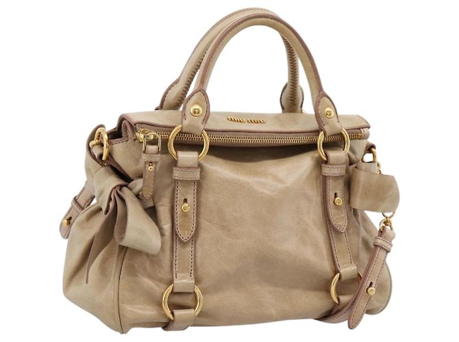 Bolsa Miu Miu Vitellolux 2way Beige Gold Auth 203832V Bege Dourado