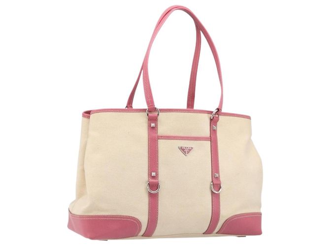 Saco Tote PRADA Canvas Ivory Silver Auth 201353V Prata Cru