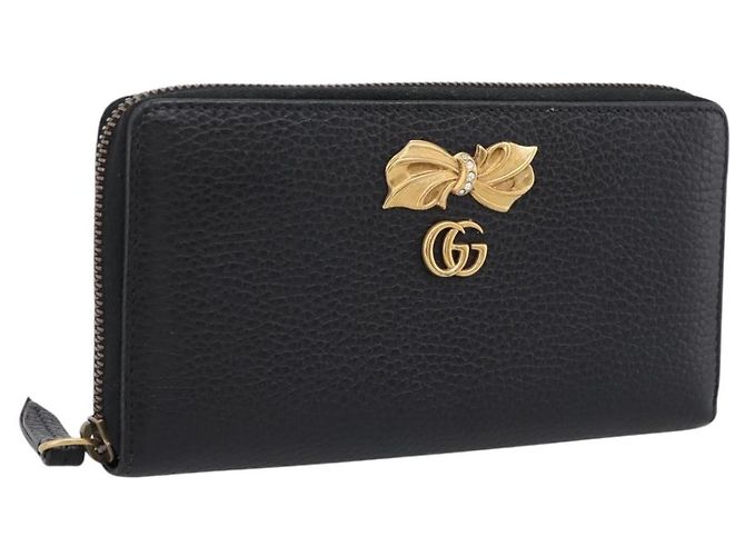 Portafoglio lungo GUCCI Bow in pelle nera e oro 524291 Auth 204782A Nero D'oro
