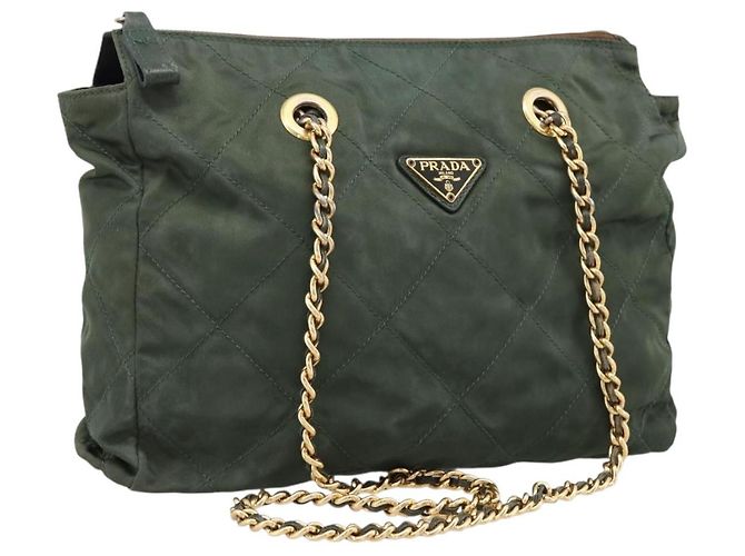 Borsa a tracolla con catena PRADA Nylon Khaki Gold Auth 203875 D'oro Cachi