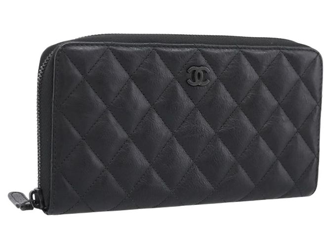 CHANEL Matelasse Long Wallet Leather Black CC Auth 204111V