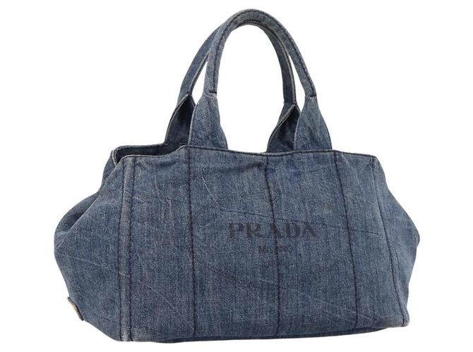 Sac à main PRADA Canapa MM Denim Blue Gold Auth 201449 Bleu Doré