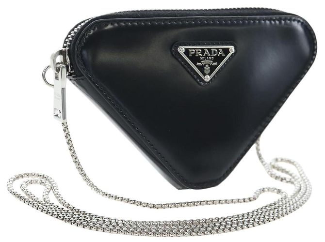 PRADA Chain Shoulder Pouch Leather Black Silver Auth 200384V Silvery