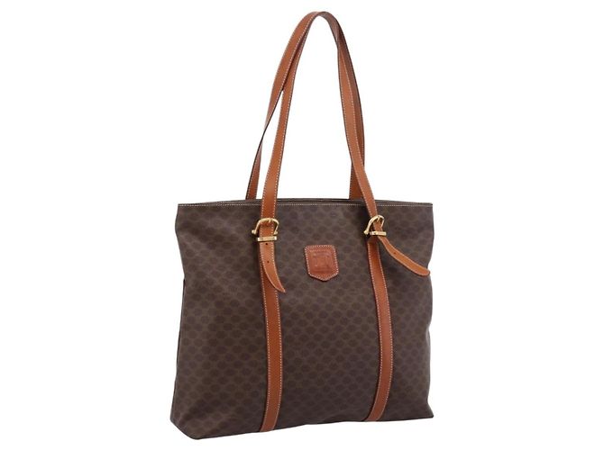 Céline Borsa Tote CELINE Macadam Canvas PVC Pelle Marrone Oro Auth 203674A D'oro