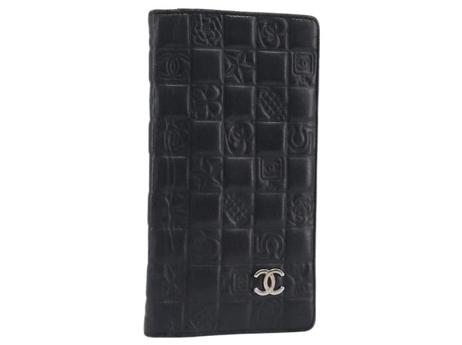 CHANEL Icon Line COCO Mark Langbeutel aus Leder Schwarz Silber CC Auth 201385