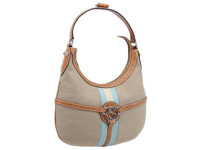 Bolsa de Ombro GUCCI Interlocking Canvas Bege Silver 114869 Auth 204577V Prata