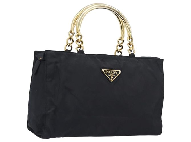 PRADA Metal Handle Hand Bag Nylon Black Gold Auth 203873 Golden