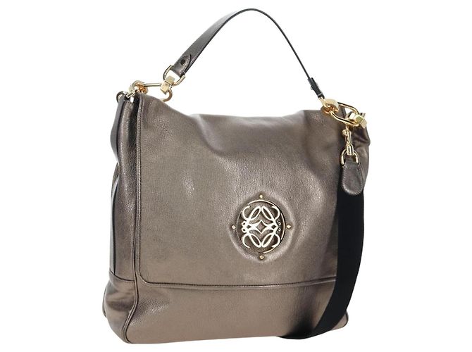 Bolsa de mão LOEWE em couro 2way Silver Gold Tone Auth 201259V Prata