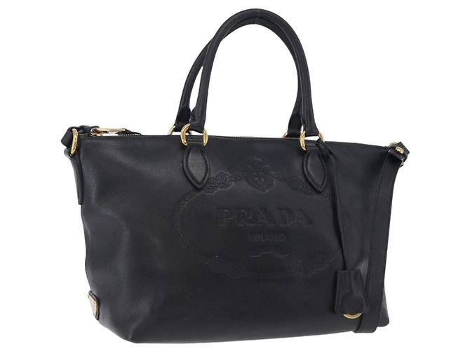 Sac à main PRADA en cuir 2way Noir Or Auth LN148V Doré