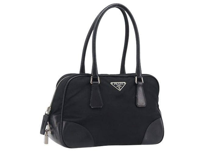 Sac à main PRADA Nylon Cuir Noir Argent Auth am12578V Argenté