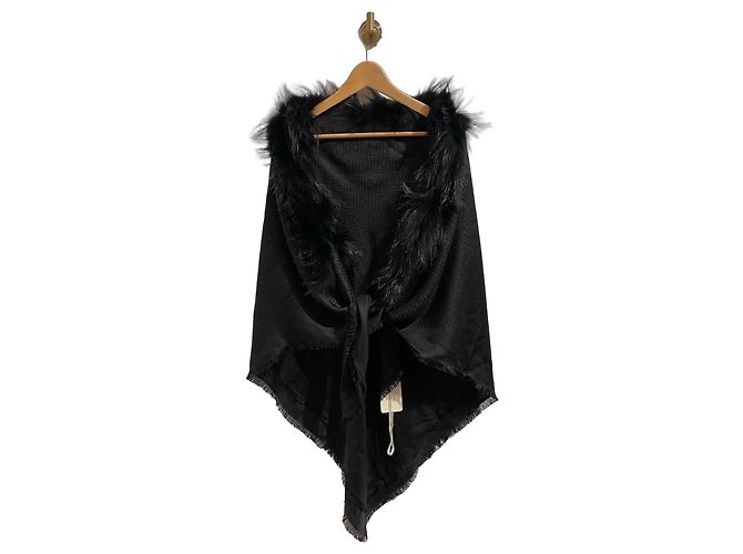 Fendi Black Wool and Silk Stole with FF Pattern and Fur Collar