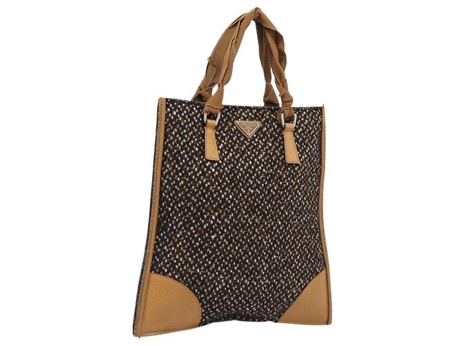 Bolsa PRADA em couro e tweed marrom prata autêntica 203885A