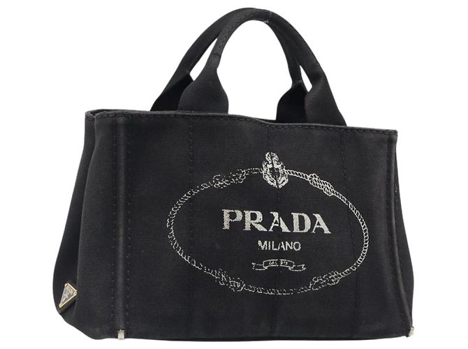 PRADA Canapa PM Handtasche Canvas Schwarz Goldfarben Auth 204699