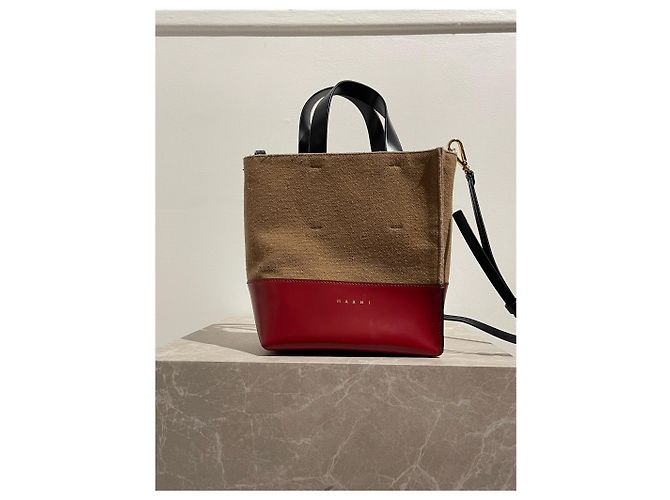 Mini mala tote Marni em lã camel e couro vermelho Camelo