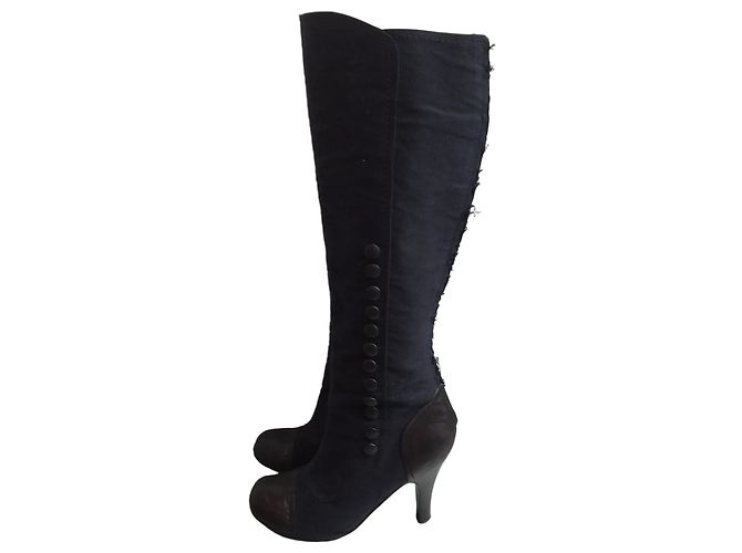 Botas Lanvin em algodão azul marinho e pele preta Tamanho 38