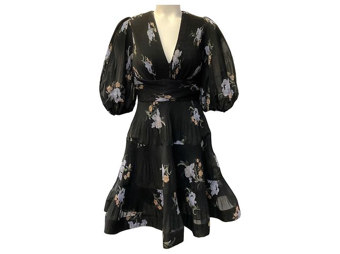 Zimmermann Plisseiertes Minikleid mit Black Iris Floral Print Schwarz