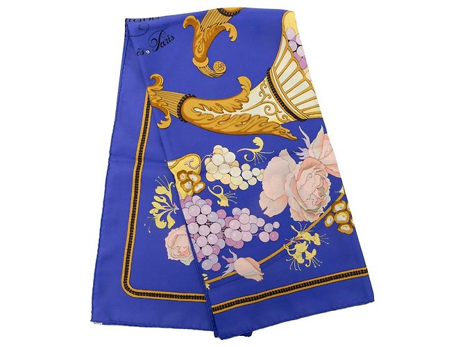 Foulard di seta Hermès Fleurs et Raisins Blu 90