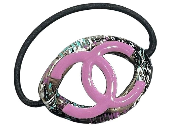 Elastico per capelli Chanel Logo Metallo Fucsia Nero Rosa