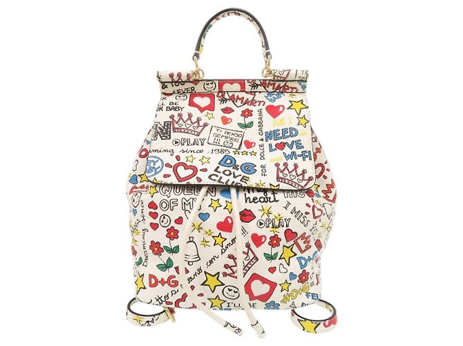 Dolce & Gabbana Sicily Leder-Rucksack Weiß Mehrfarben