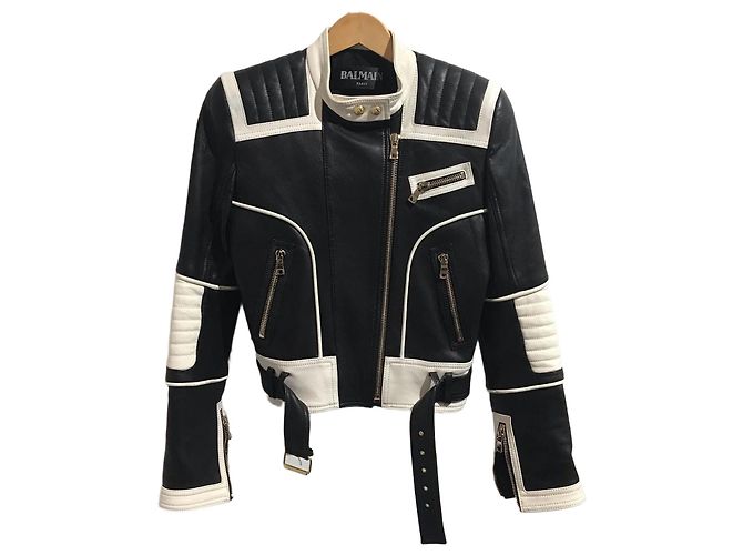 Veste Balmain cuir noir et blanc T.34 Black