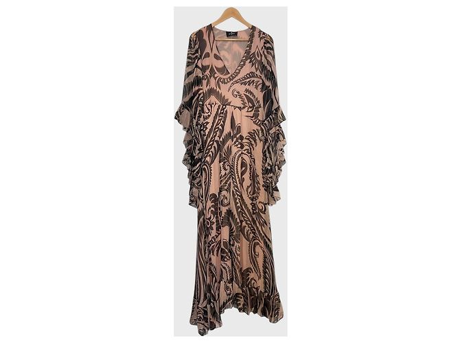 Vestido largo de seda rosa Etro con estampados marrones