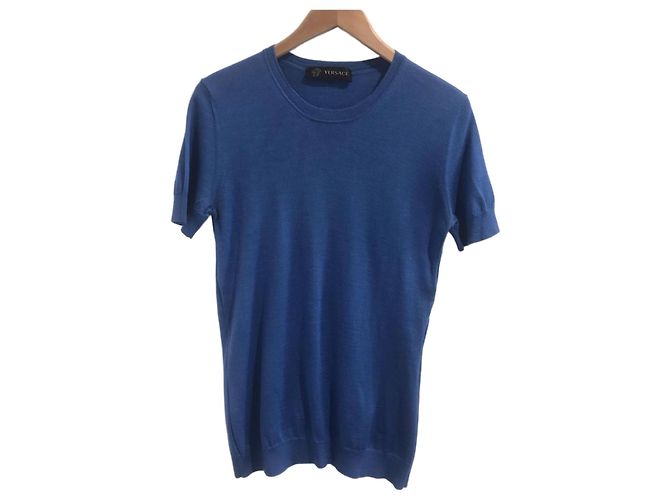 Maglione Versace blu in cashmere e seta a maniche corte