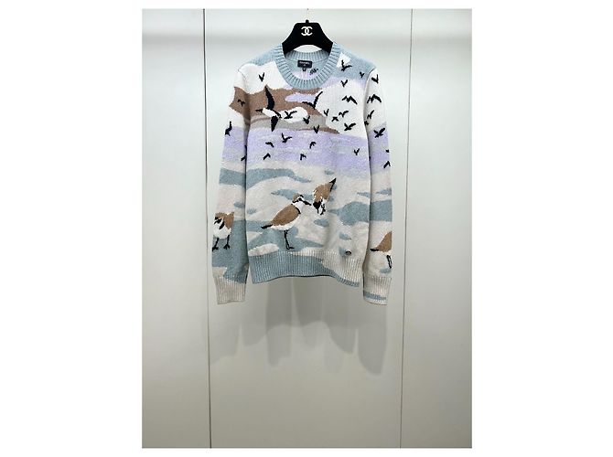 Chanel 24K Kaschmir Strickware Möwen und Wolken Motiv Mehrfarben
