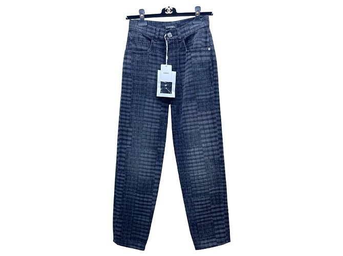 Chanel Denim Jeans Black and Grey Check Pattern Size 34