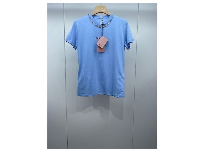 Top Miu Miu in cotone blu con strass XS Multicolore