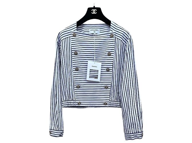 Top Chanel 22S a Righe Blu e Bianche in Cotone