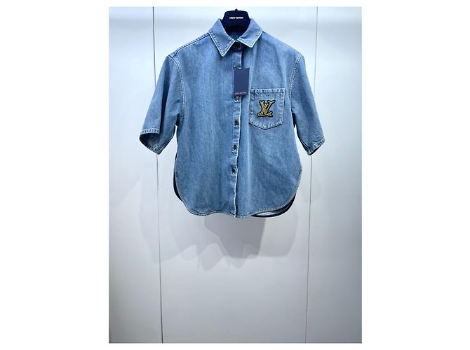Louis Vuitton Denim Oberteil Blau mit gesticktem Logo Mehrfarben