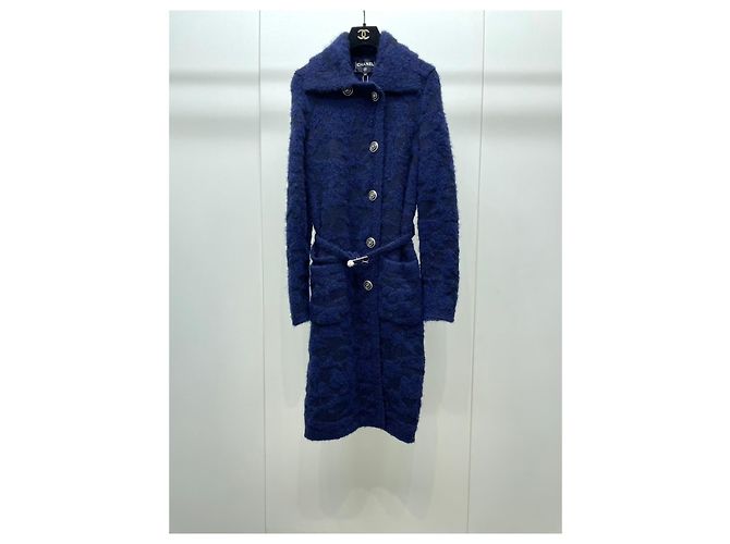 Abrigo largo Chanel Navy de cachemira con cinturón Multicolor