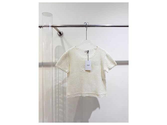 Top de punto crochet blanco de algodón Céline Multicolor