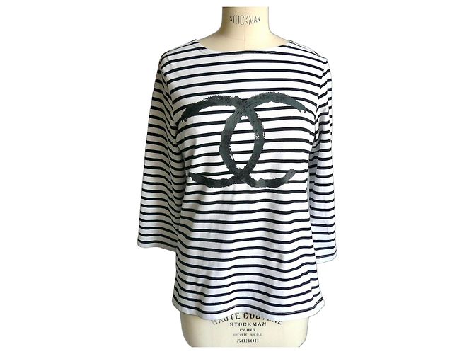 Chanel Top Marinière a Righe Bianco e Nero Monogramma TM