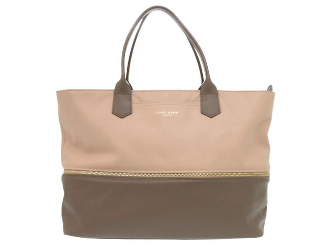 Longchamp 2-Way Leder-Tote-Bag Braun Beige