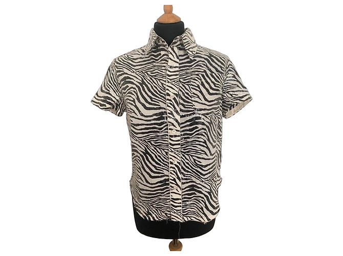 Autre Marque Vaquera Camicia a Maniche Corte Stampa Zebra e Paillettes Nero Bianco