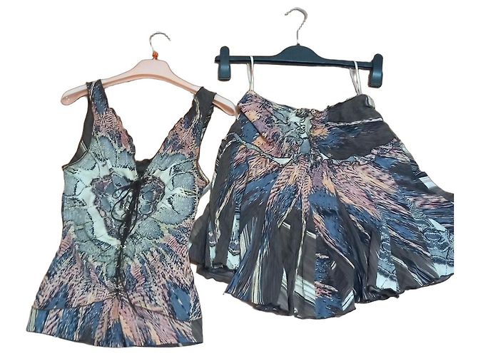 Completo Top e Gonna in Seta Roberto Cavalli Marrone Multicolore