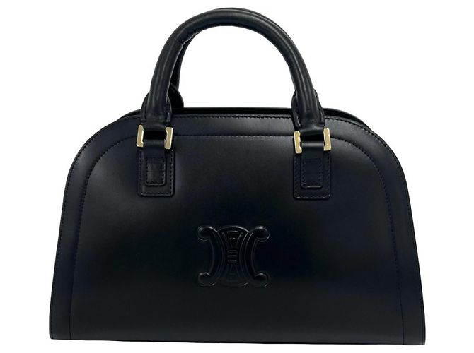 Céline Celine Triomphe Logo Embossed Leather Handbag Black