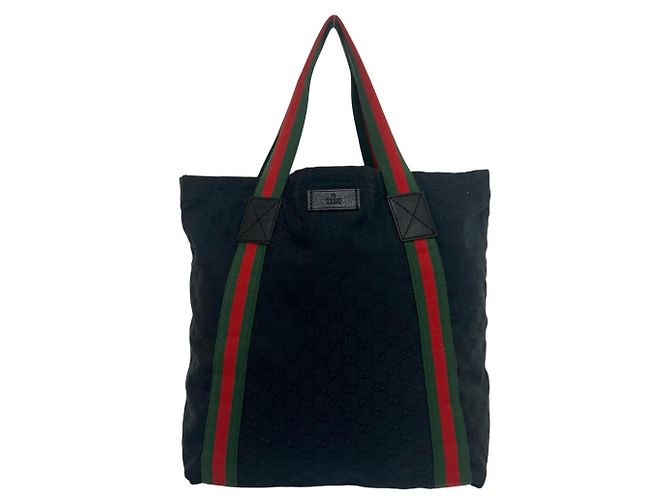 GUCCI Sherry Line GG Pattern Canvas Leather Tote Bag Black