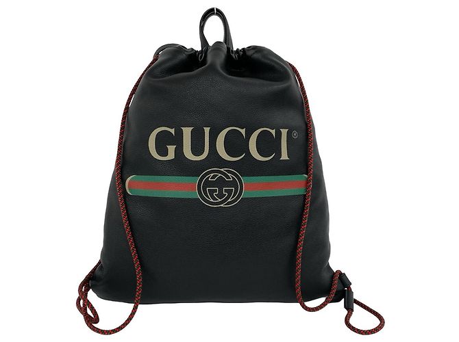 Gucci Logo Leather Drawstring Backpack Black