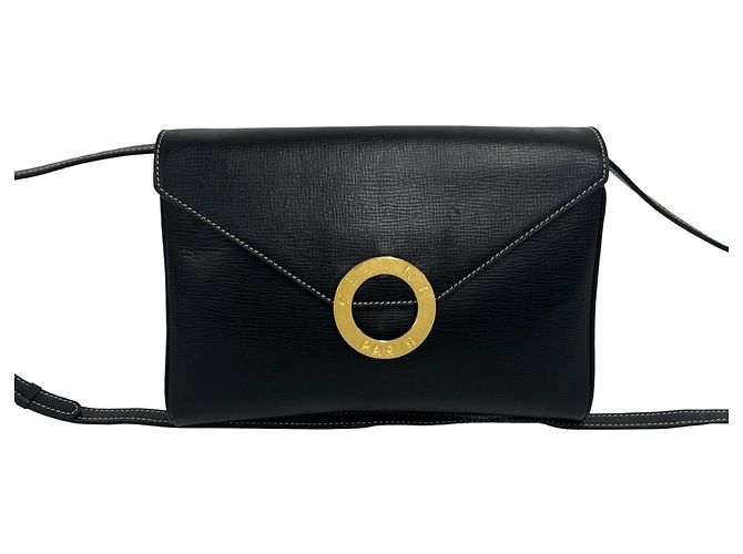 Céline Celine Vintage Circle Logo Hardware Leather Shoulder Bag Black