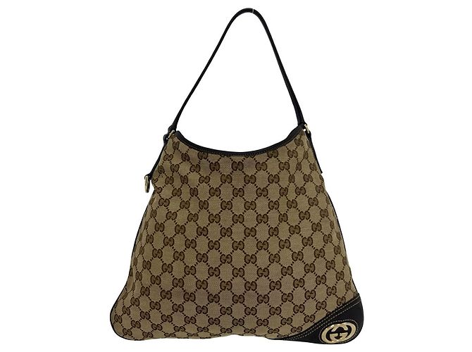 Saco Tote de Ombro GUCCI em Lona e Couro Castanho Marrom
